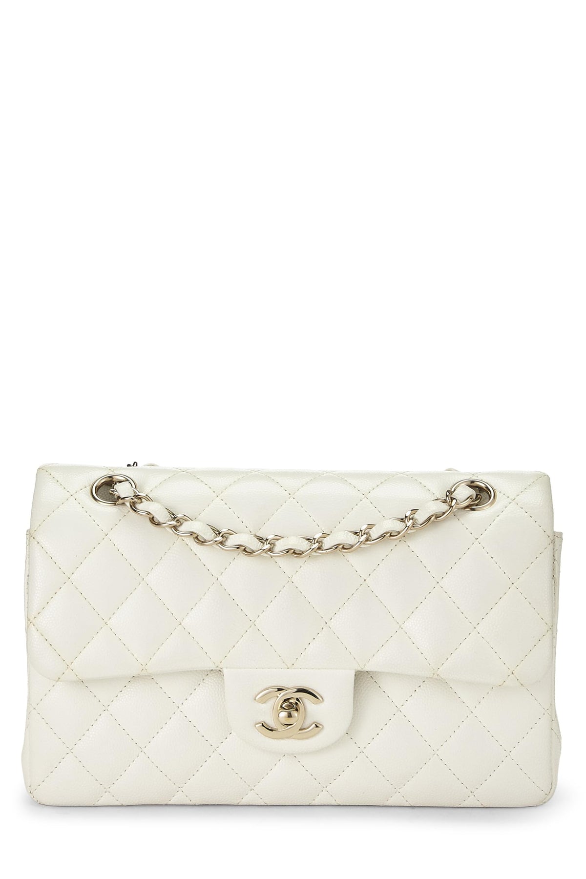 Chanel,  White Quilted Caviar Classic Double Flap Small, White