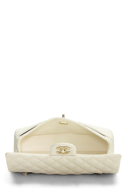 Chanel,  White Quilted Caviar Classic Double Flap Medium, White