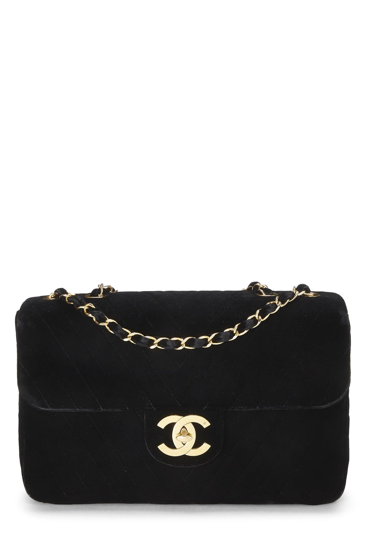 Chanel,  Black Velvet Chevron Flap Maxi, Black