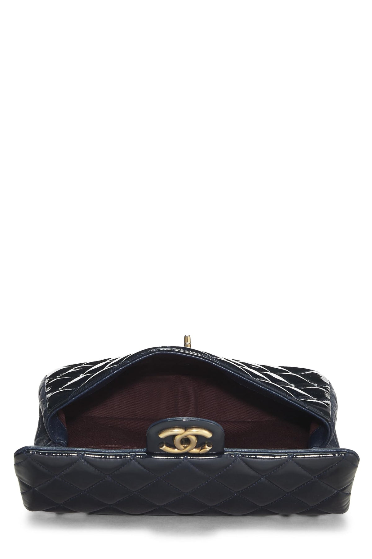 Chanel,  Navy Quilted Patent Leather 'CC' Eyelet Flap Medium, Navy
