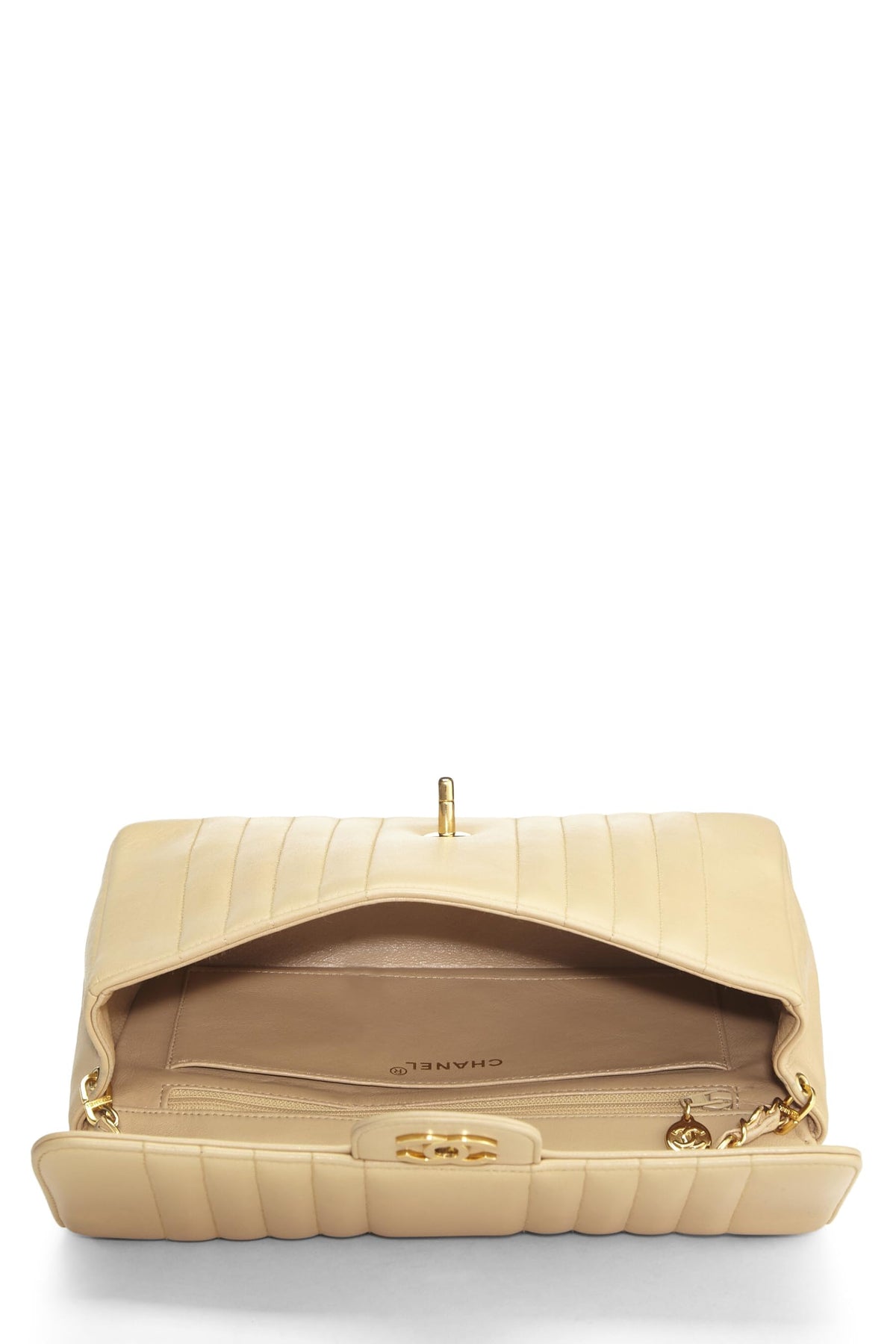 Chanel,  Beige Vertical Lambskin Half Flap Medium, Beige