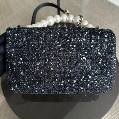 Chanel Classic Seasonal Flap Medium - Tweed Pearl Chain Black Gold Hardware Series 27