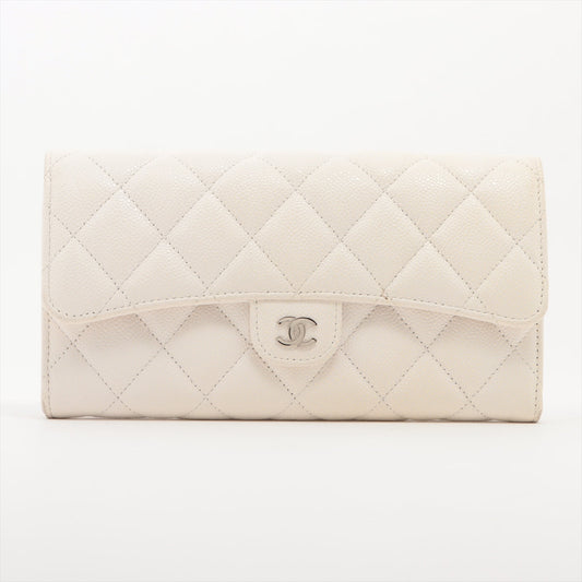 Chanel Matrasse Caviar S Wallet White Silver Gold