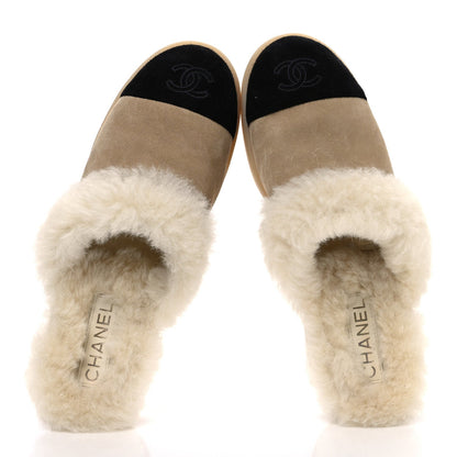 Suede Shearling CC Cap Toe Mules 41 Beige Black