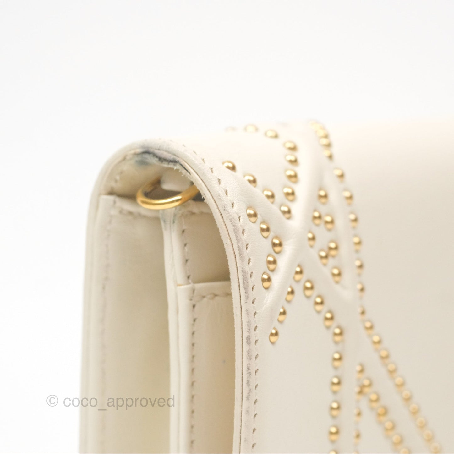 Christian Dior Diorama Wallet on Chain in White Calfskin Studded Gold