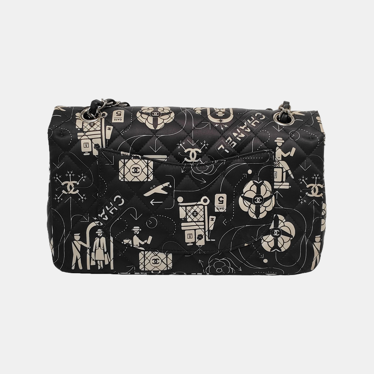 Chanel Satin Airline Printed Medium Double Flap Bag Black and White