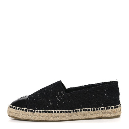 Tweed Patent Goatskin Sequin CC Espadrilles 41 Black