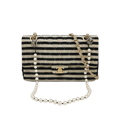 Chanel Black/White Striped Medium Jersey Coco Sailor Pearl Classic Flap Bag