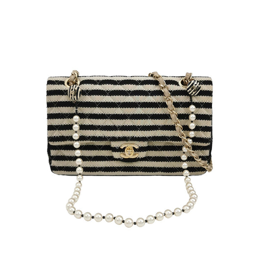 Chanel Black/White Striped Medium Jersey Coco Sailor Pearl Classic Flap Bag