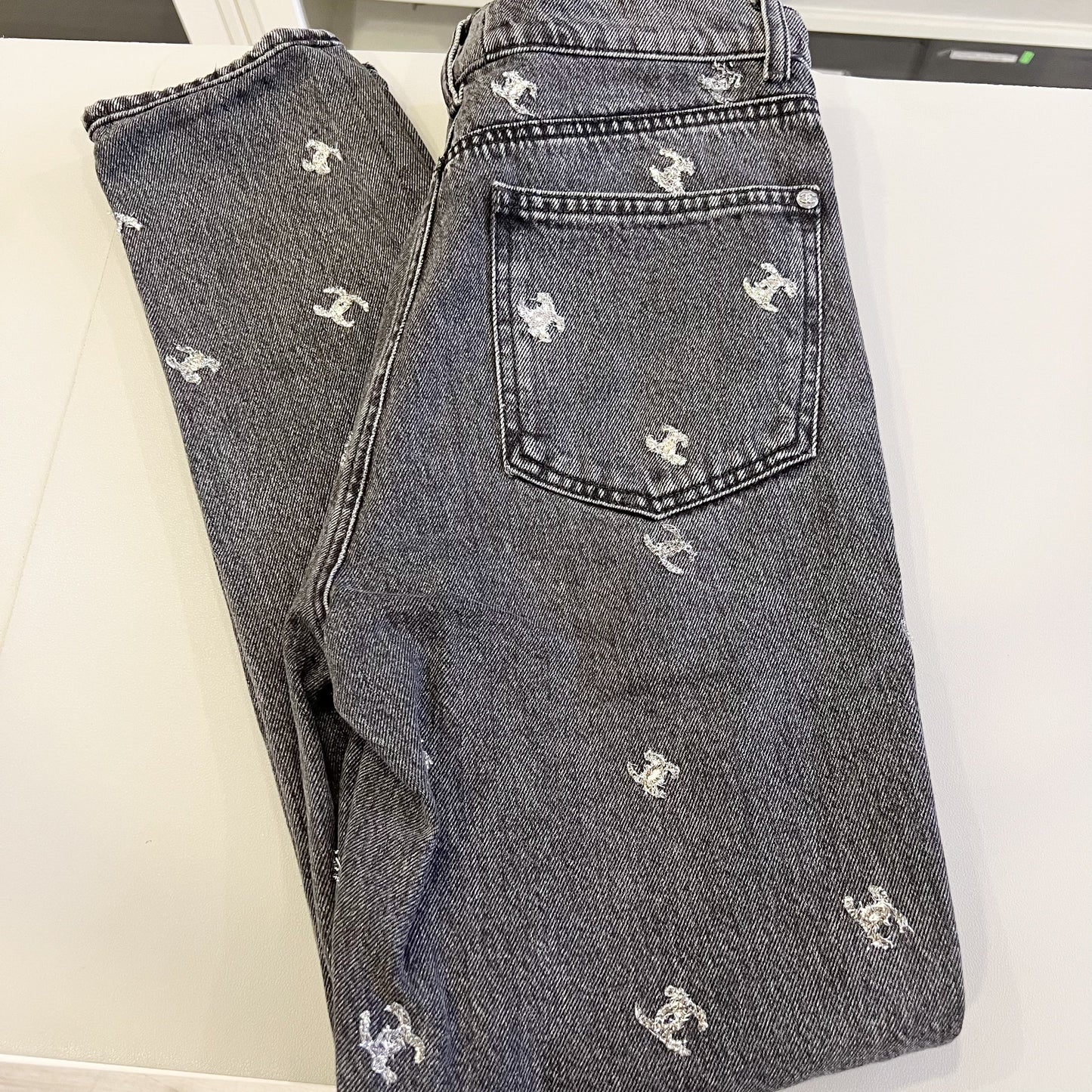 Chanel Black Denim Jeans with Silver Embroidered CC Logo Size 38