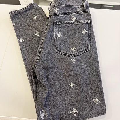 Chanel Black Denim Jeans with Silver Embroidered CC Logo Size 38