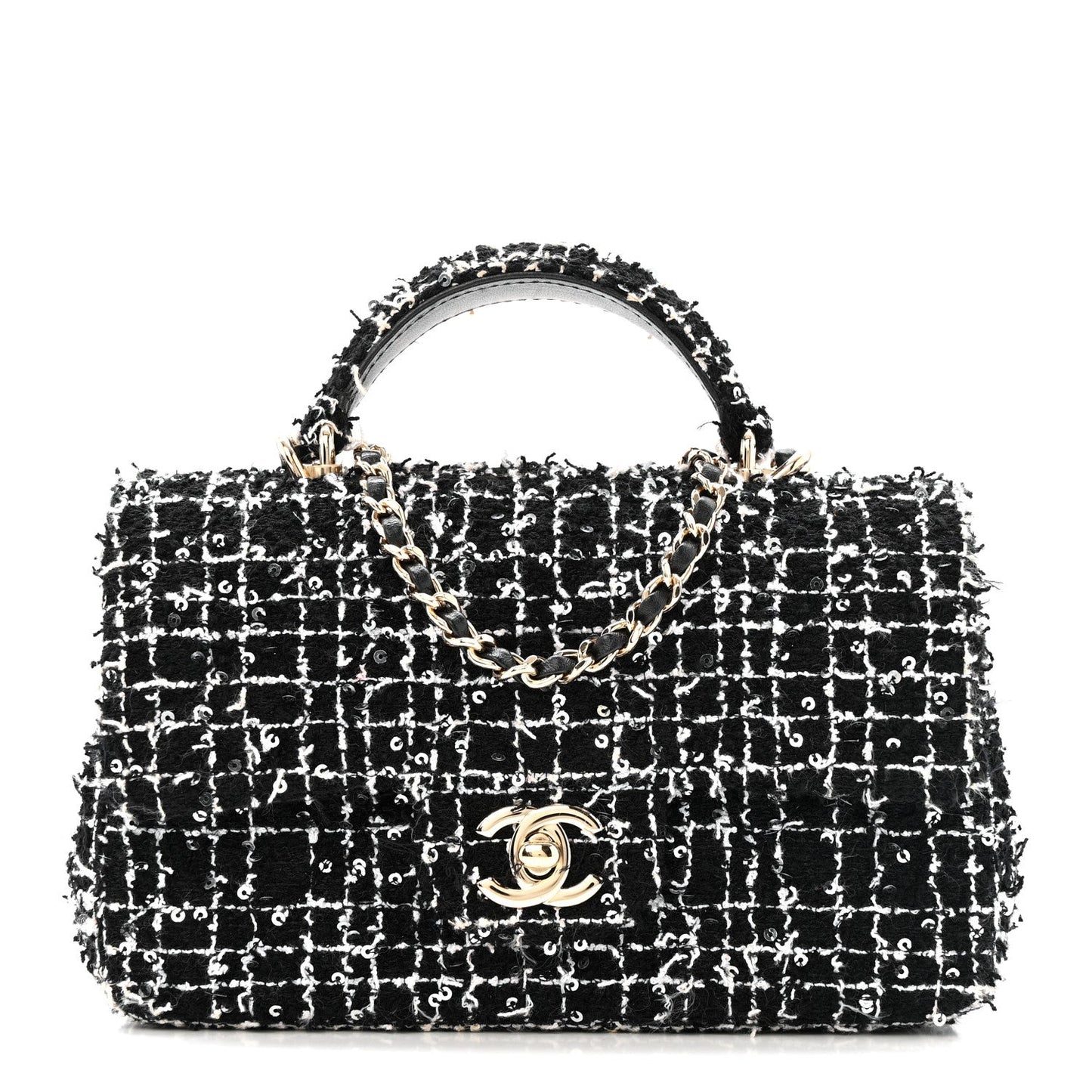 Tweed Quilted Mini Top Handle Rectangular Flap Black White