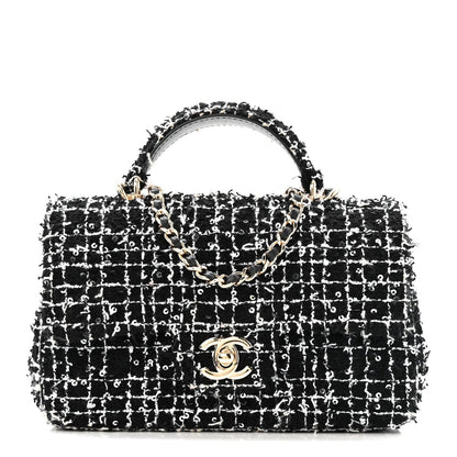 Tweed Quilted Mini Top Handle Rectangular Flap Black White