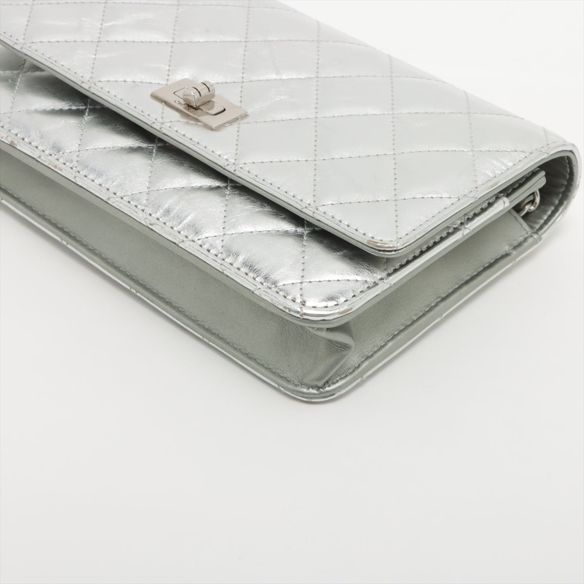 Chanel 2.55 Leather Chain Wallet Silver Silver