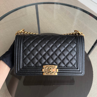Chanel Boy Medium - Caviar 25CM Quilted Black Ruthenium Gold Hardware Series 20