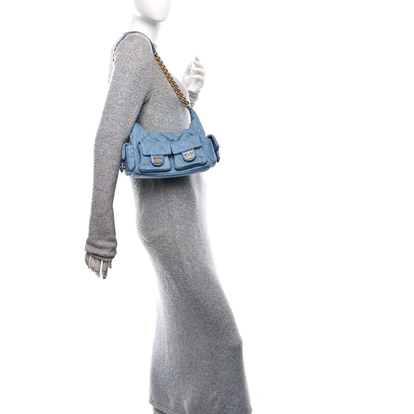 Washed Denim Quilted Large Trendy Pockets Hobo Blue