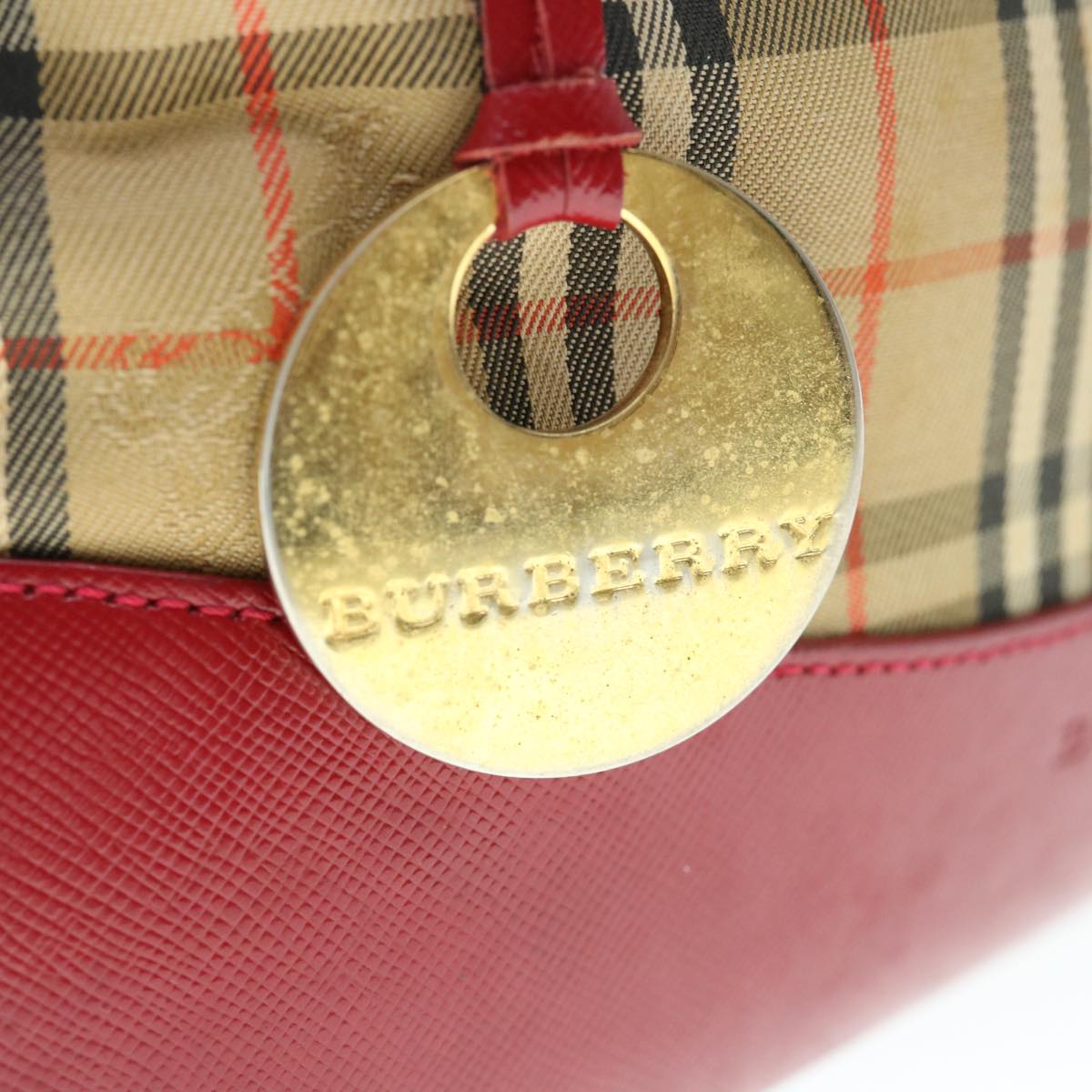 Burberry Nova Check Hand Bag Nylon Leather Beige Red Auth 63499
