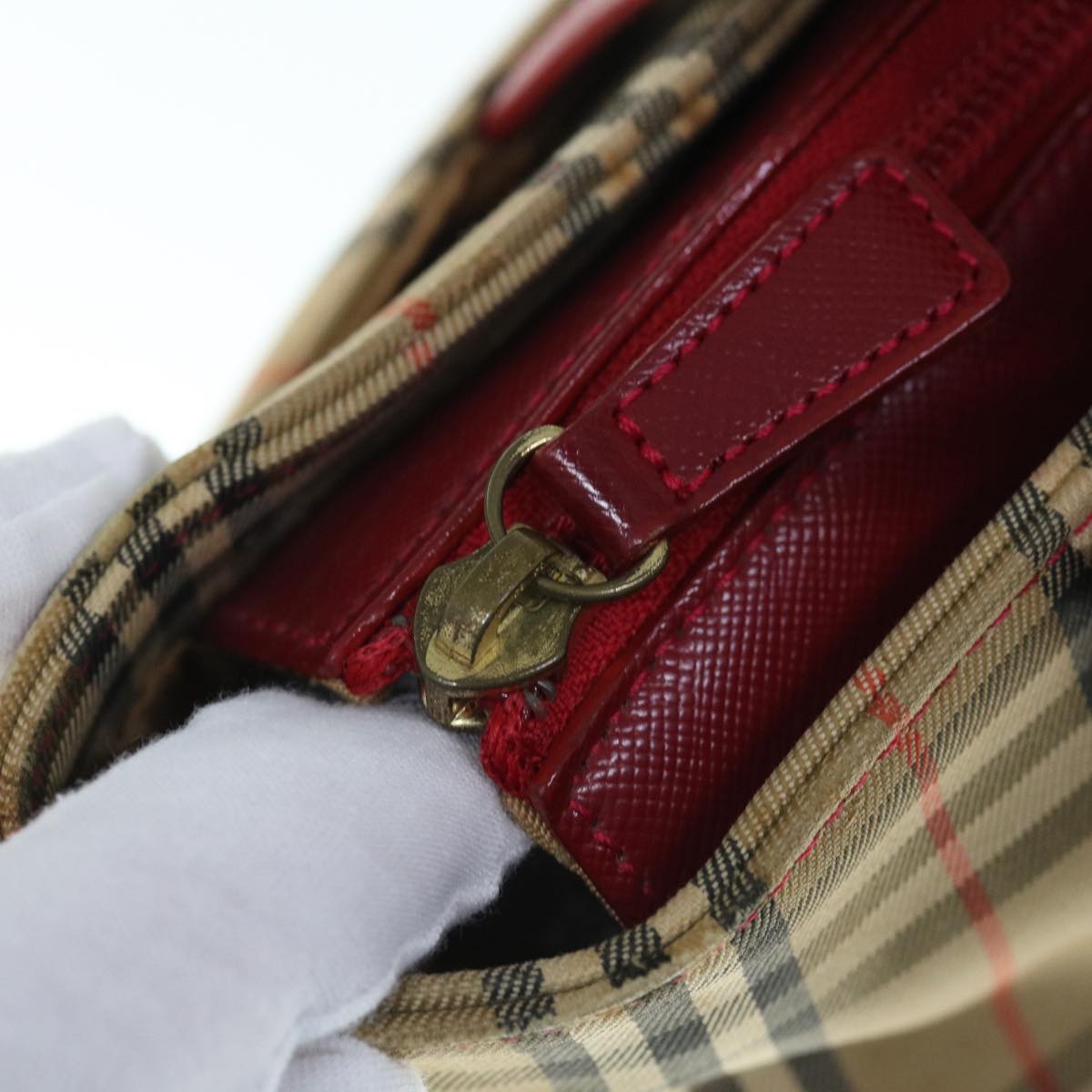 Burberry Nova Check Hand Bag Nylon Leather Beige Red Auth 63499