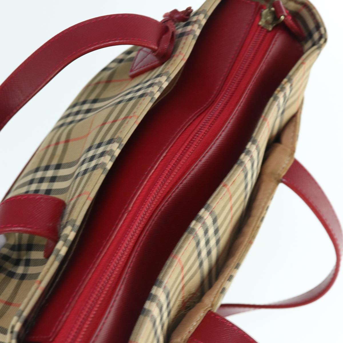 Burberry Nova Check Hand Bag Nylon Leather Beige Red Auth 63499