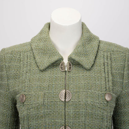 Chanel Sage Green Fantasy Tweed Zip Front Jacket FR 40