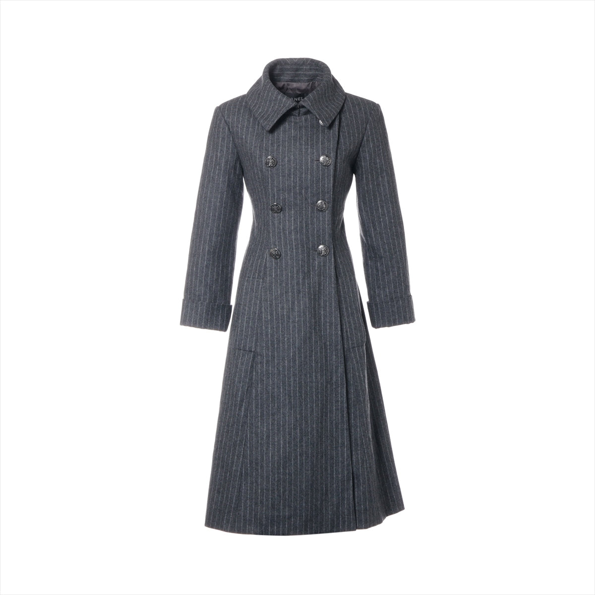 Chanel Coconut Button Wool  Silk Long Coat 34  Grey P59015 Strip