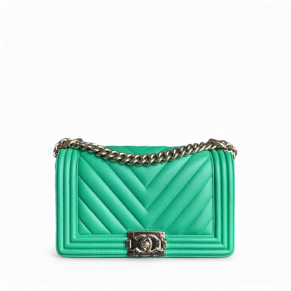 Chanel Boy Medium - 25CM Chevron Calfskin Green Gold Hardware Series 23