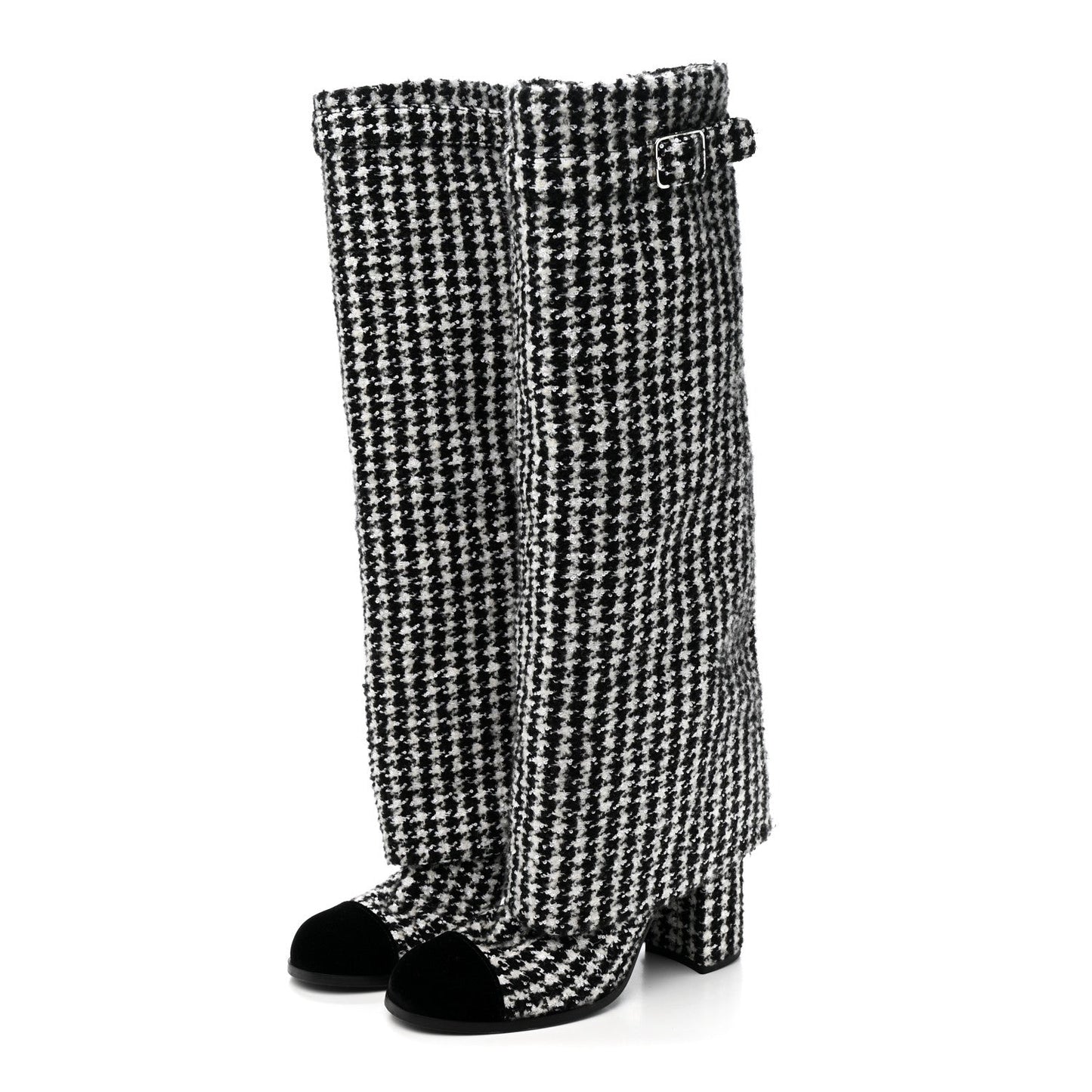 Tweed Sequin Velvet Cap Toe Fold Over High Boots 38.5 White Black