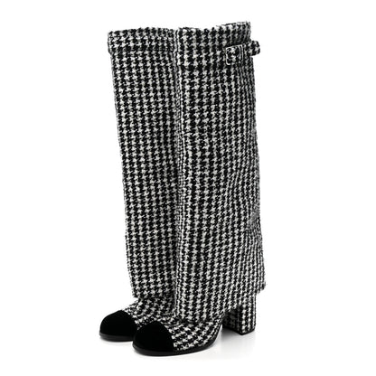 Tweed Sequin Velvet Cap Toe Fold Over High Boots 38.5 White Black