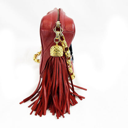 CHANEL Vintage CC Red Lambskin Gold Chain Tassel Camera Bag Crossbody