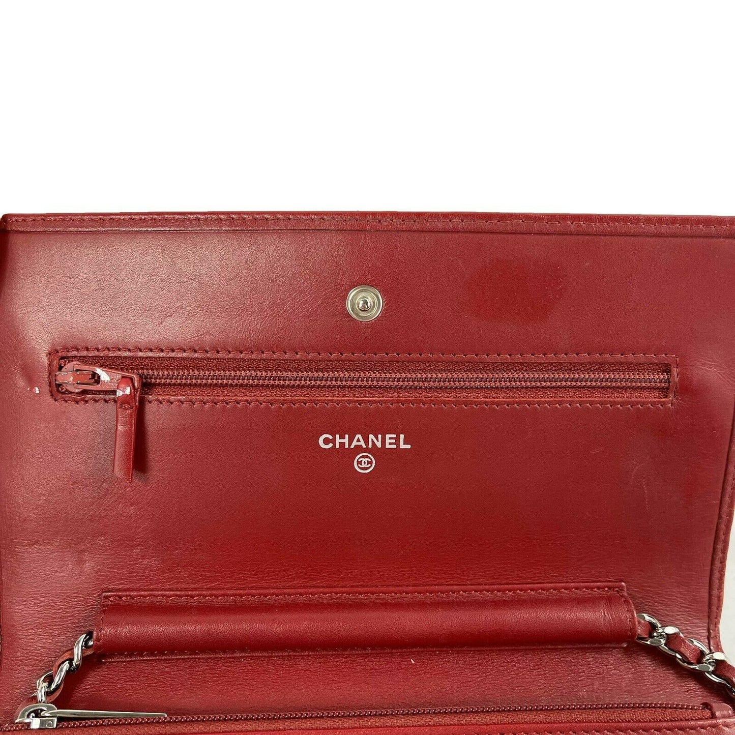 CHANEL Calfskin Quilted Cambon Red / Silver Wallet On Chain - Crossbody