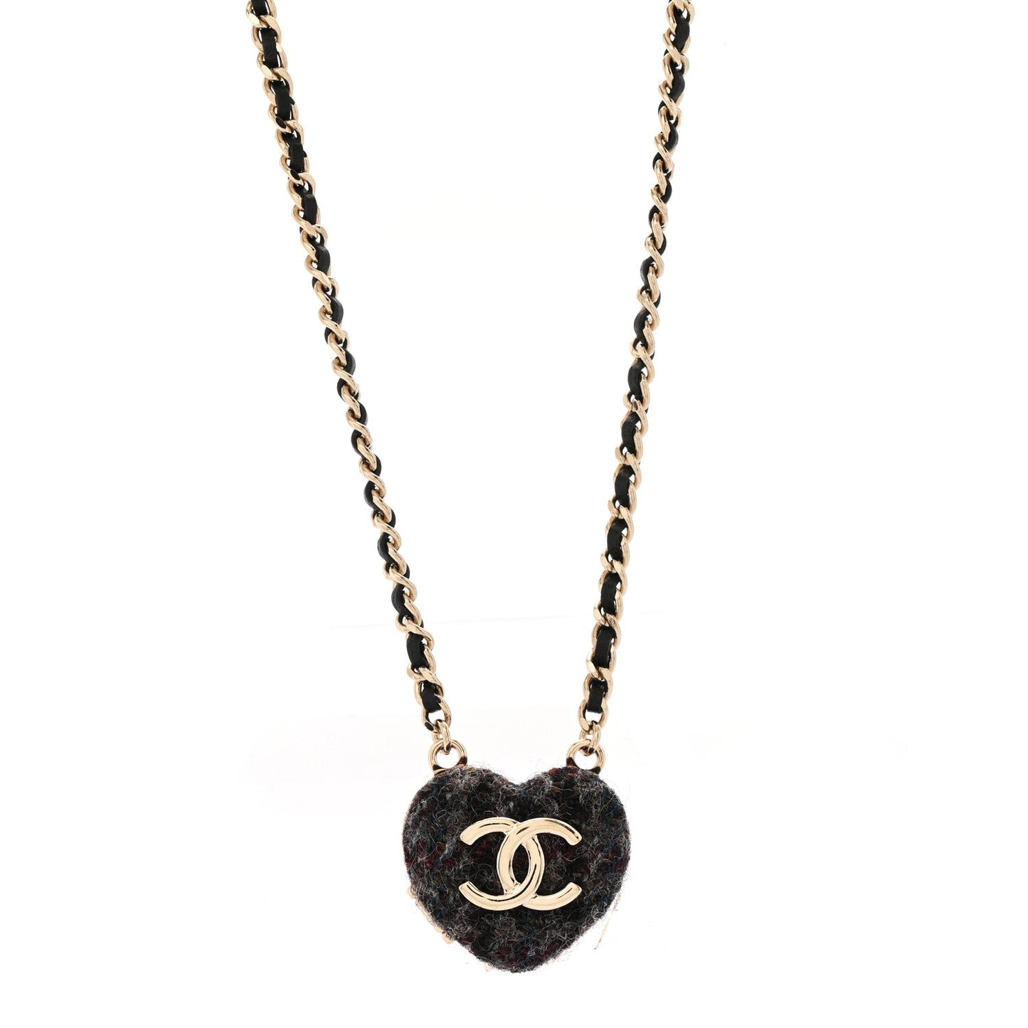 Tweed Lambskin CC Heart Locket Necklace Gold Black Beige