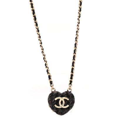 Tweed Lambskin CC Heart Locket Necklace Gold Black Beige