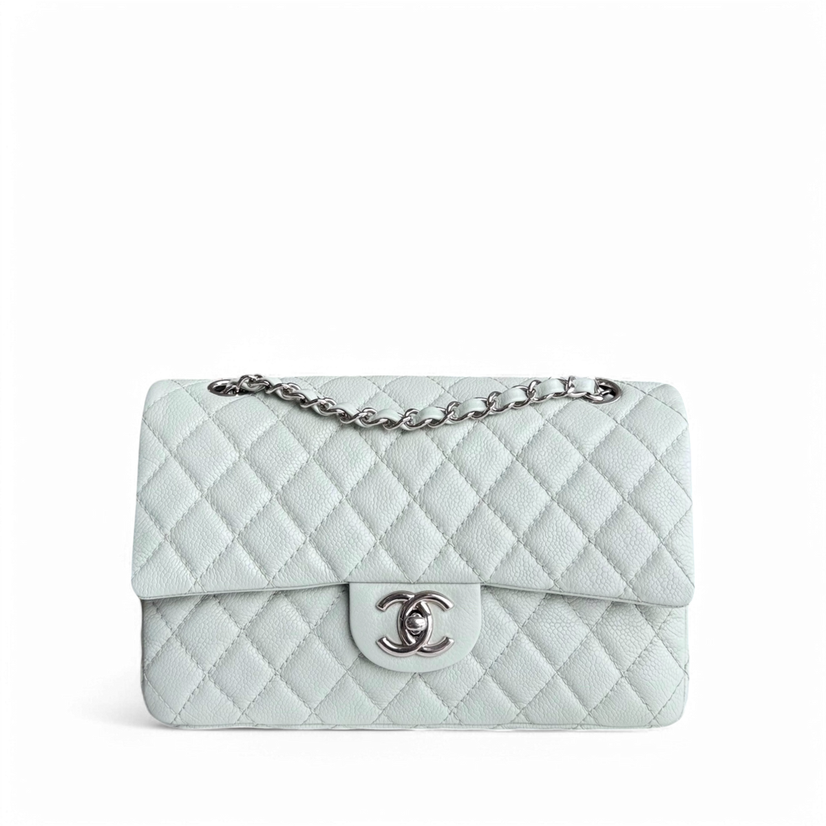 Chanel Classic Flap Medium - Caviar 25CM Quilted Light Mint Green Grey Gray Silver Hardware Series 12