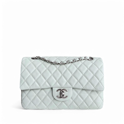 Chanel Classic Flap Medium - Caviar 25CM Quilted Light Mint Green Grey Gray Silver Hardware Series 12