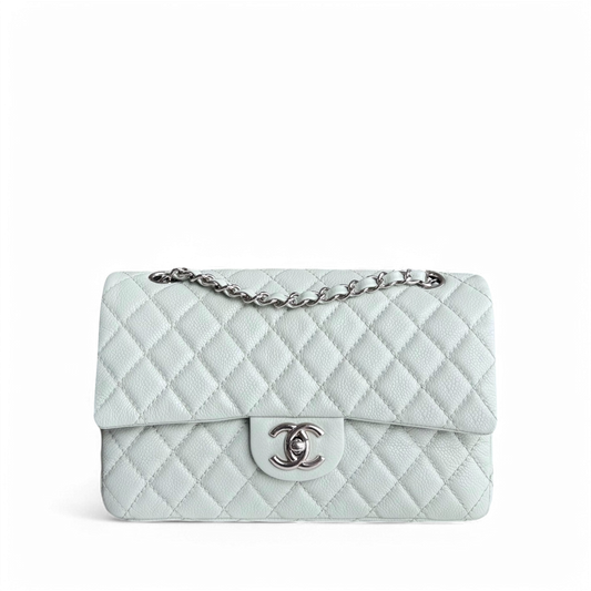 Chanel Classic Flap Medium - Caviar 25CM Quilted Light Mint Green Grey Gray Silver Hardware Series 12