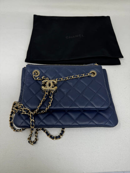 CHANEL Navy Double Pouch Chain Crossbody Bag B-