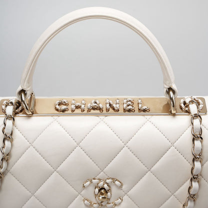 Chanel White Trendy CC Bag In Lambskin Leather With Top Handle In Small Size