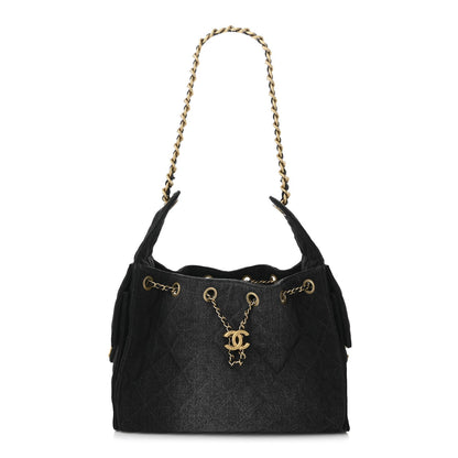Washed Denim Quilted Small Chanel 25 Handbag Black