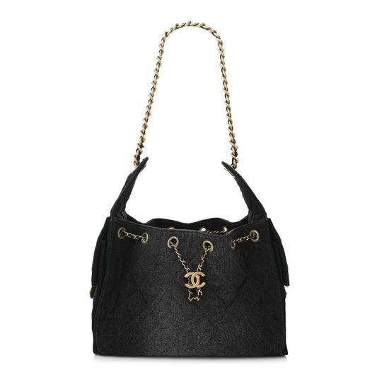 Washed Denim Quilted Small Chanel 25 Handbag Black
