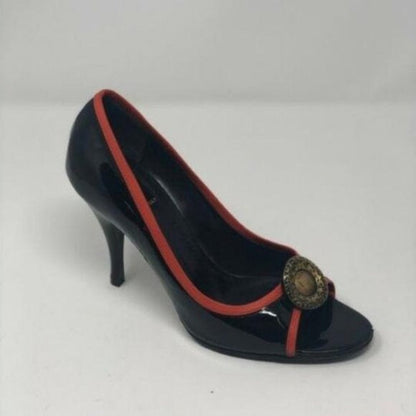 Fendi Black Red Gold Coin Accent Open Toe Heels