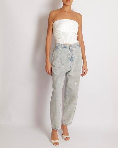 Chanel Fall 2021 Light Blue Straight Leg High-Waisted Jeans with Turquoise, Lilac, and Silver Metallic CC Logos and Silver Button Detail Size FR 40 (UK 12)