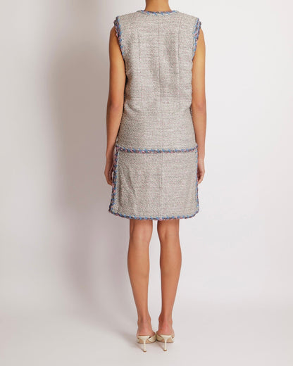 Chanel Spring 2014 Silver Metallic Sleeveless Tweed Mini Dress with Blue and Pink Details with Silver Beaded CC Logo Buttons Size FR 34 (UK 6)