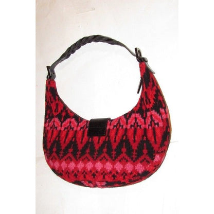 Fendi Style Shoulder Purses Red Pink And Black Knit Design Wool And Black Leather Hobo Bag