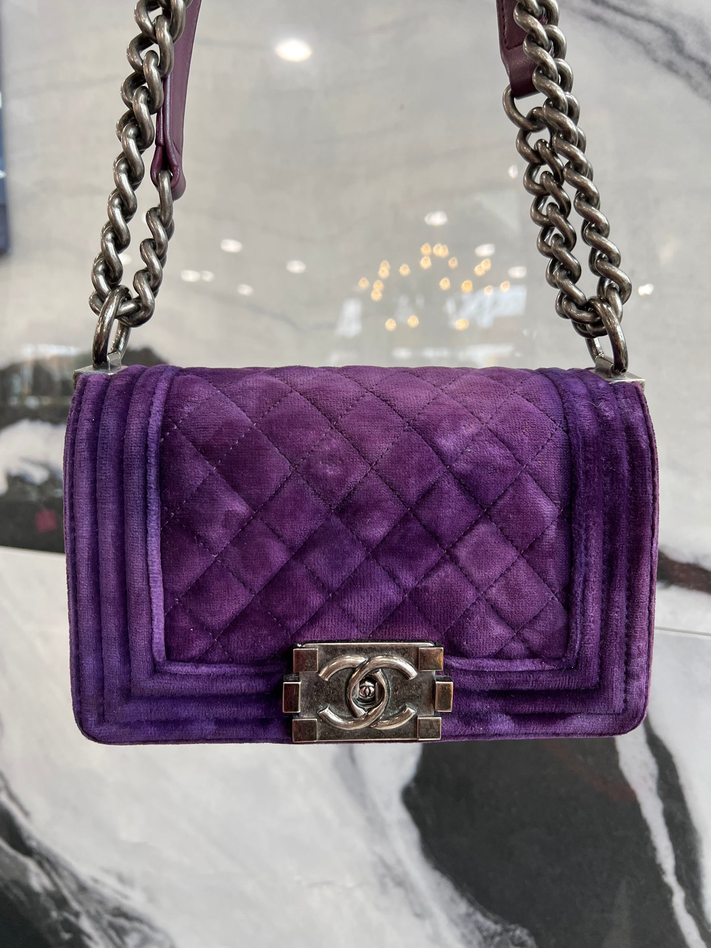 Chanel Velvet Quilted Mini Boy Flap Purple