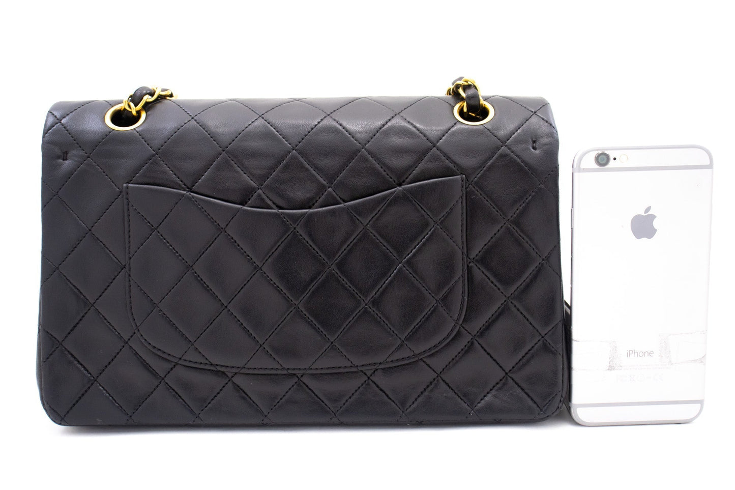 CHANEL Classic Double Flap 10" Chain Shoulder Bag Black Lambskin k77
