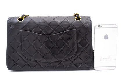 CHANEL Classic Double Flap 10" Chain Shoulder Bag Black Lambskin k77