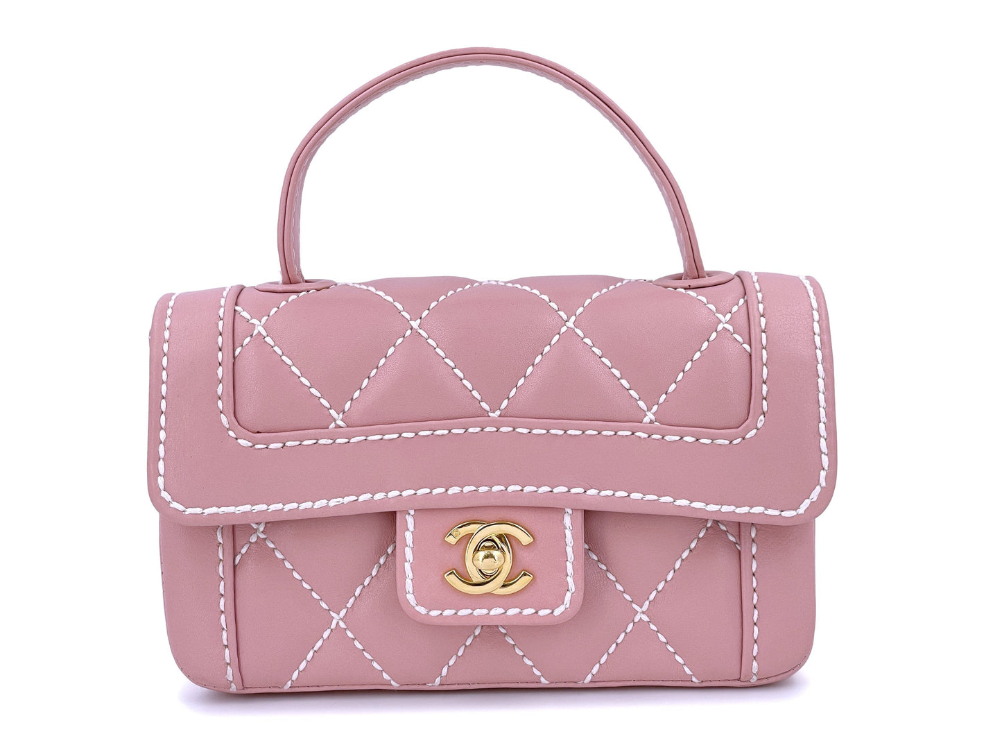 Rare 2005 Vintage Chanel Mauve Pink Wild Stitch Surpique Baby Mini Kelly Flap Bag 24k GHW