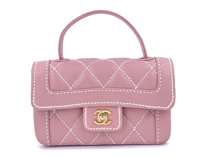 Rare 2005 Vintage Chanel Mauve Pink Wild Stitch Surpique Baby Mini Kelly Flap Bag 24k GHW