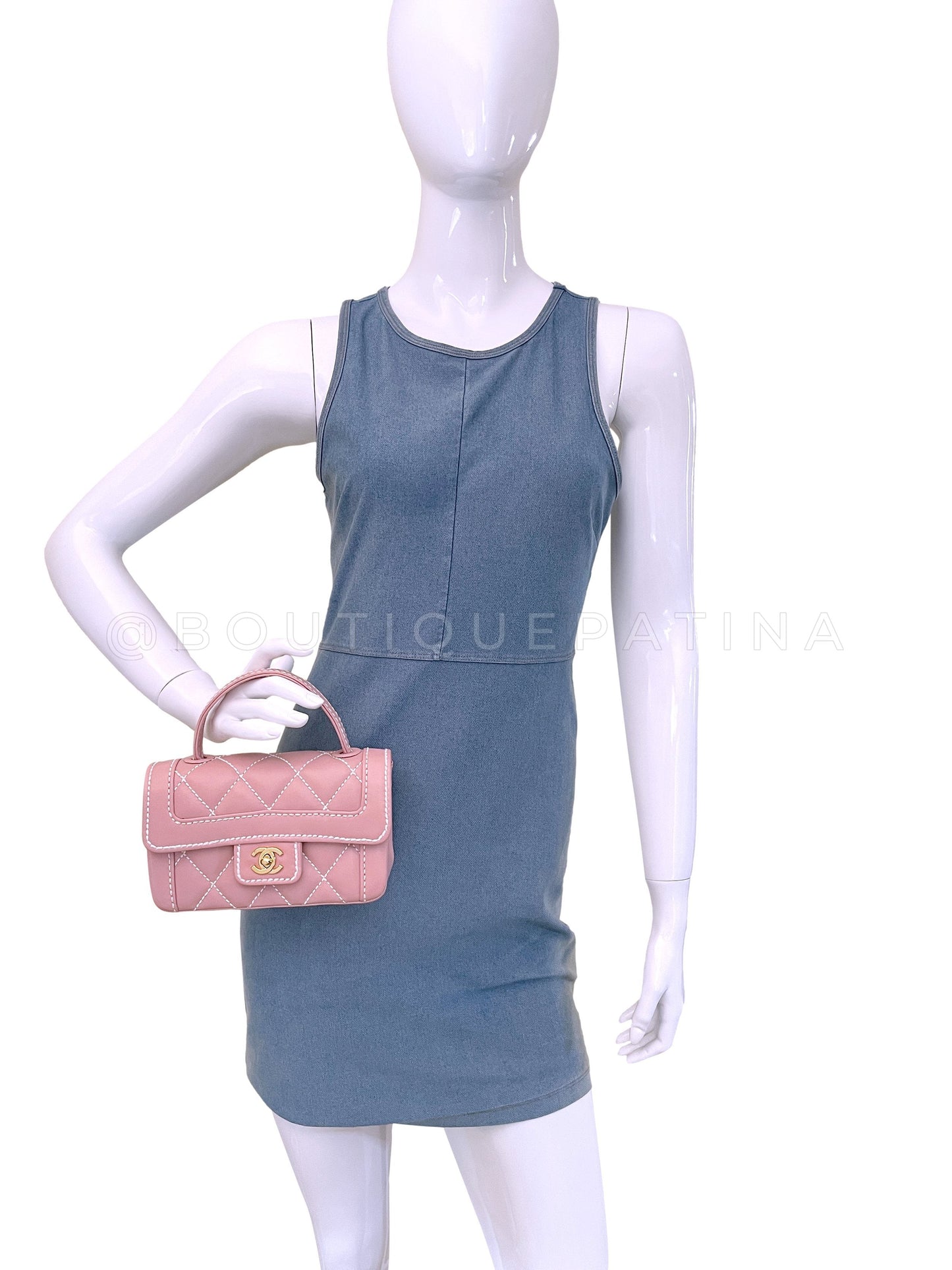 Rare 2005 Vintage Chanel Mauve Pink Wild Stitch Surpique Baby Mini Kelly Flap Bag 24k GHW