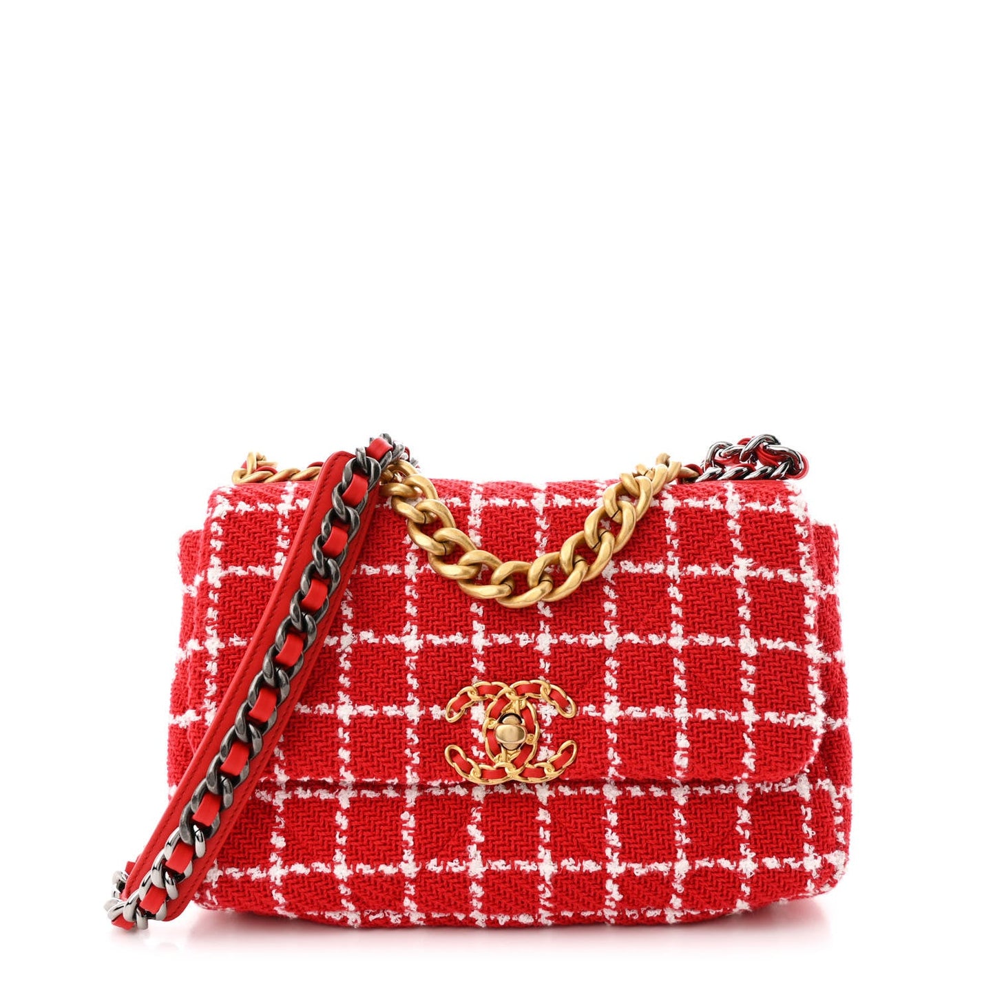 Tweed Quilted Medium Chanel 19 Flap Red White